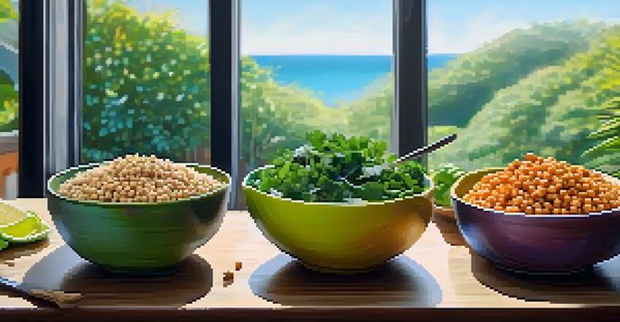 A colorful vegan meal prep display with quinoa salad, chickpeas, greens, and fruits on a wooden table illuminated by sunlight.