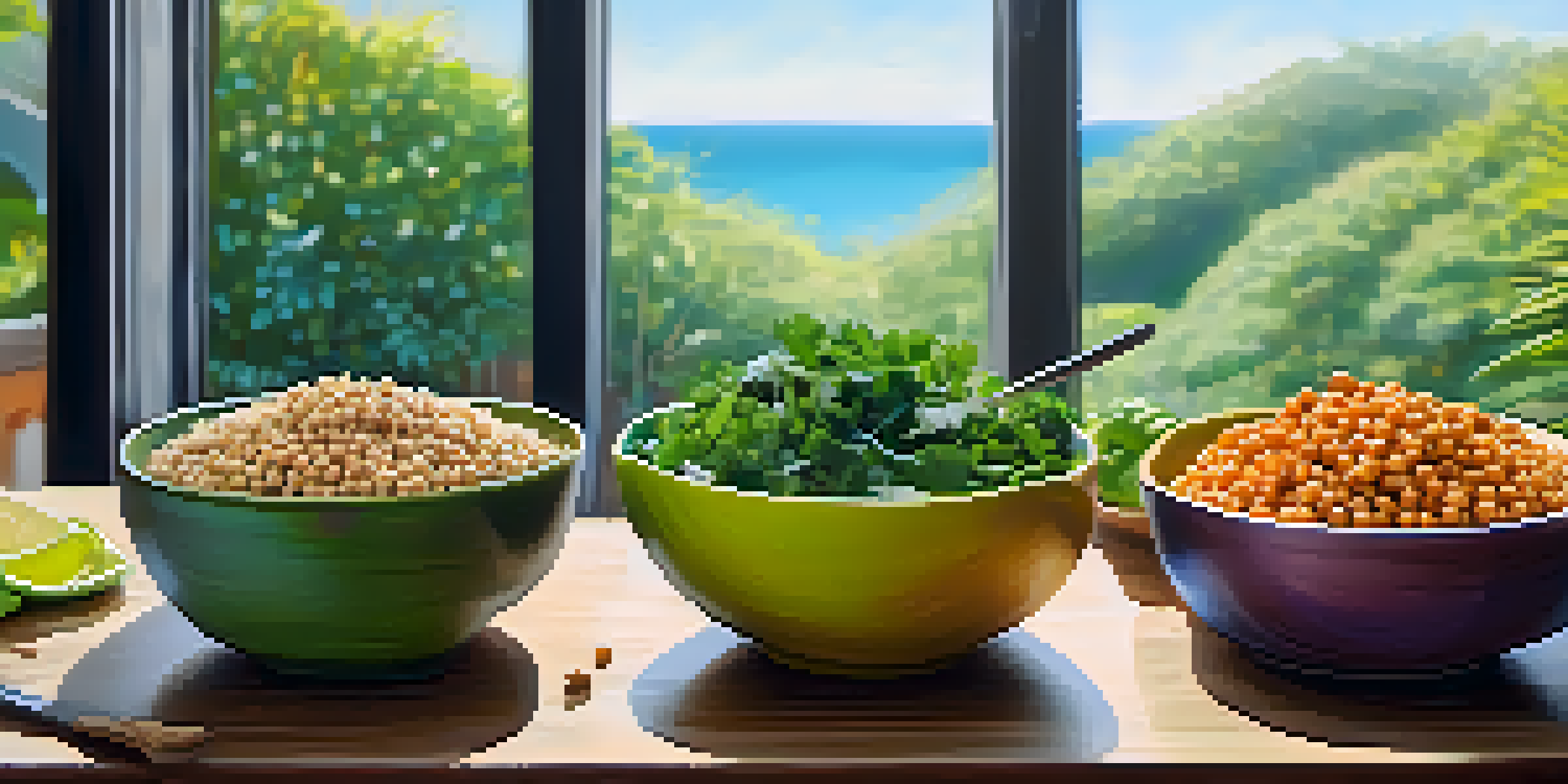 A colorful vegan meal prep display with quinoa salad, chickpeas, greens, and fruits on a wooden table illuminated by sunlight.