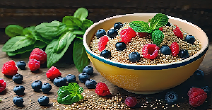 A bowl of colorful superfoods featuring quinoa, spinach, berries, and chia seeds, arranged on a rustic wooden table with natural lighting.