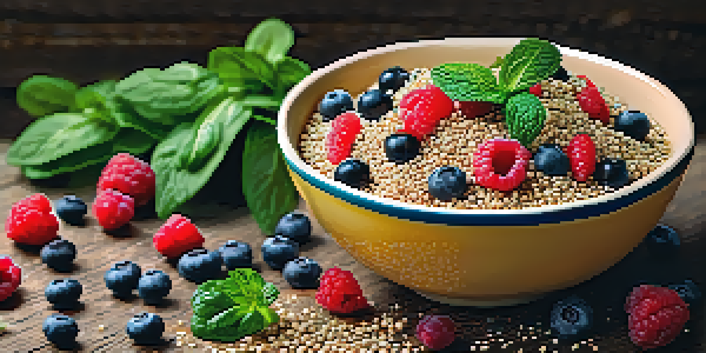 A bowl of colorful superfoods featuring quinoa, spinach, berries, and chia seeds, arranged on a rustic wooden table with natural lighting.
