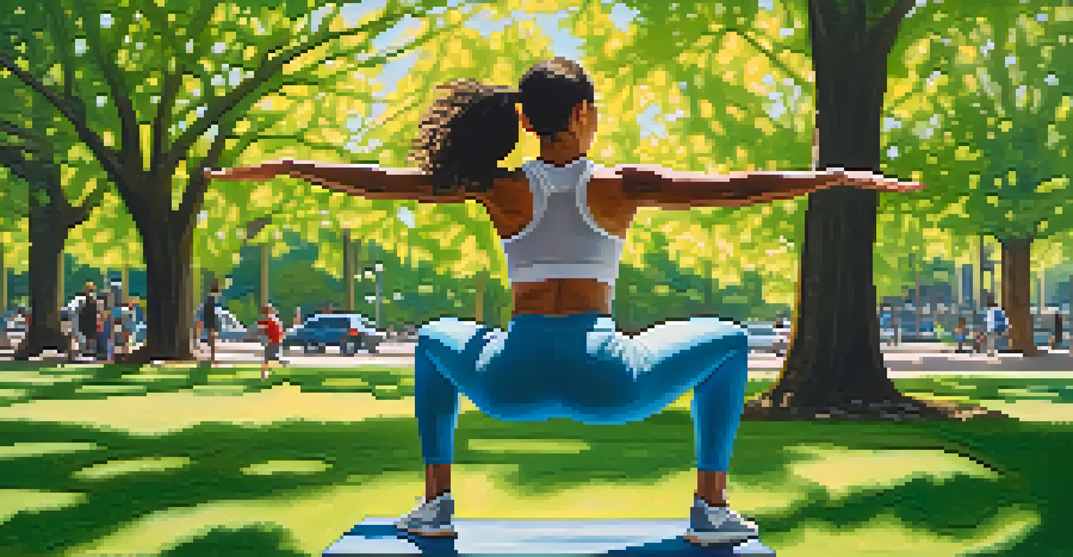 A person doing bodyweight squats in a sunny park surrounded by green trees and a blue sky.