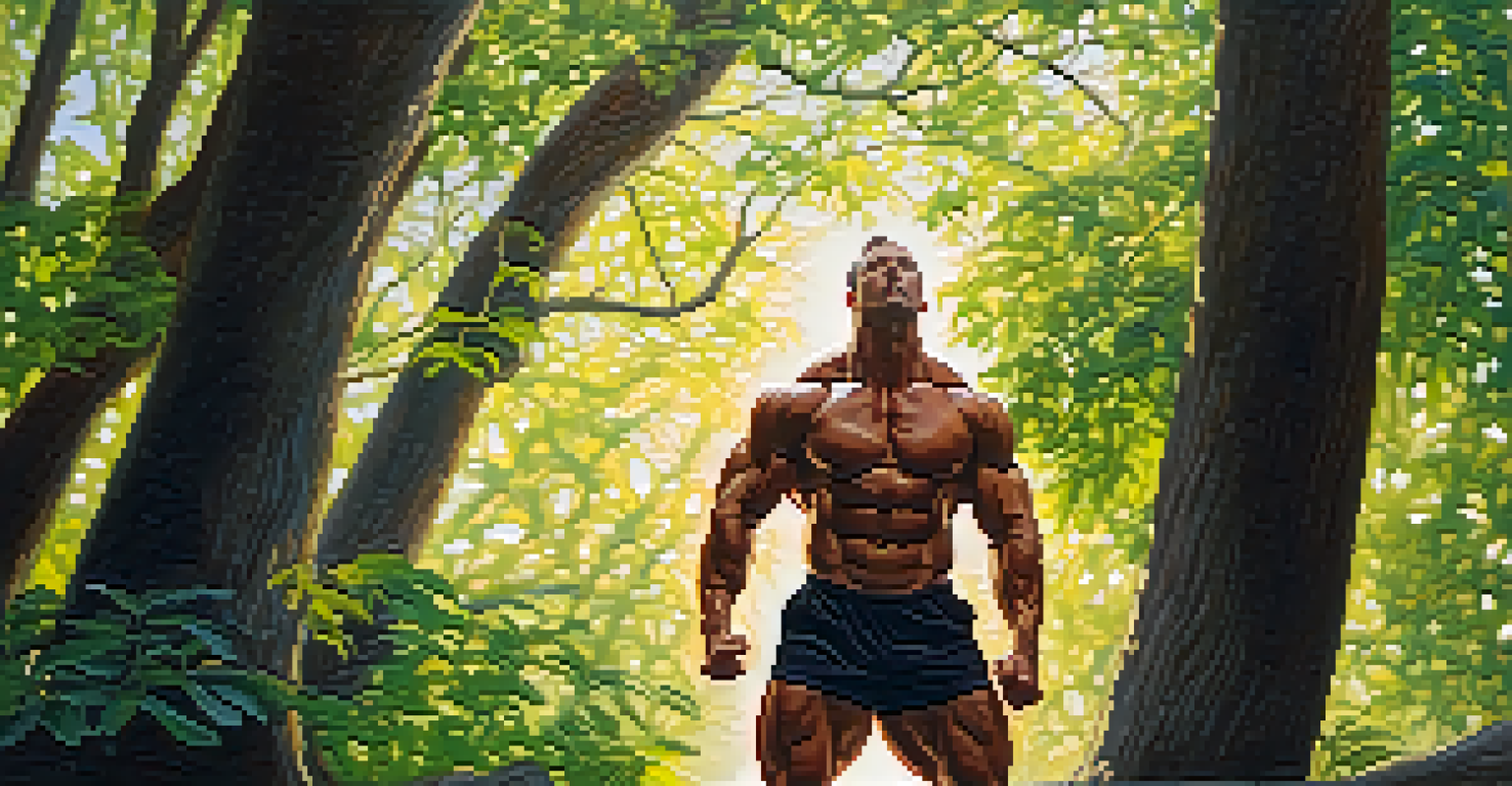 A bodybuilder warming up outdoors with dynamic stretches in a sunlit natural setting.
