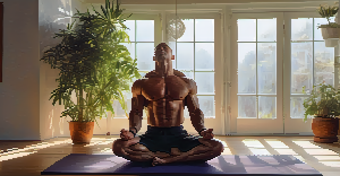 A bodybuilder meditating on a yoga mat in a serene studio with natural light and plants, promoting mental well-being.