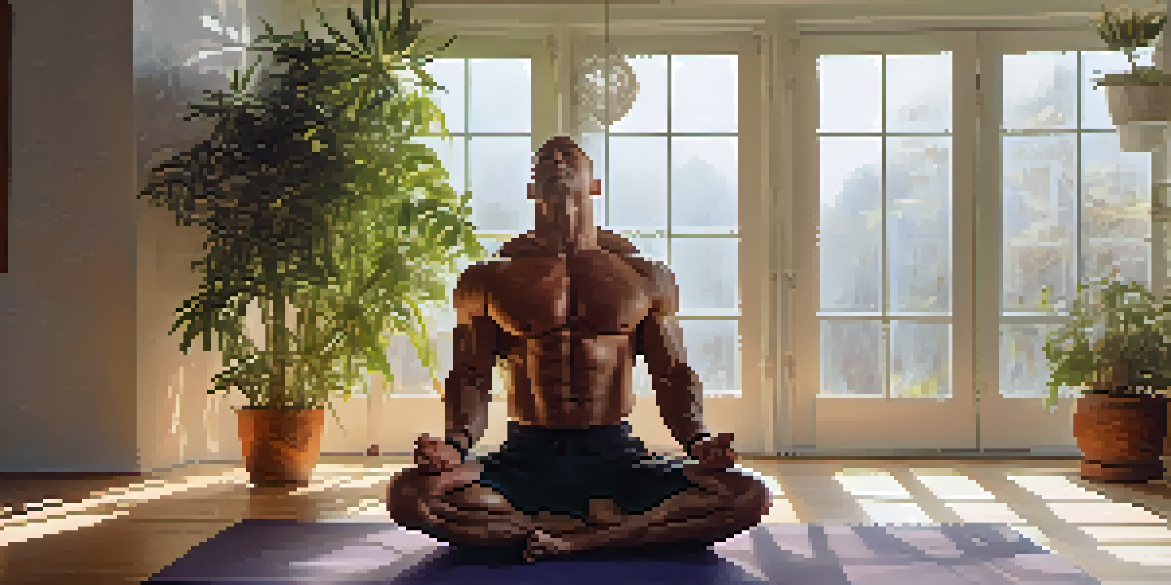 A bodybuilder meditating on a yoga mat in a serene studio with natural light and plants, promoting mental well-being.