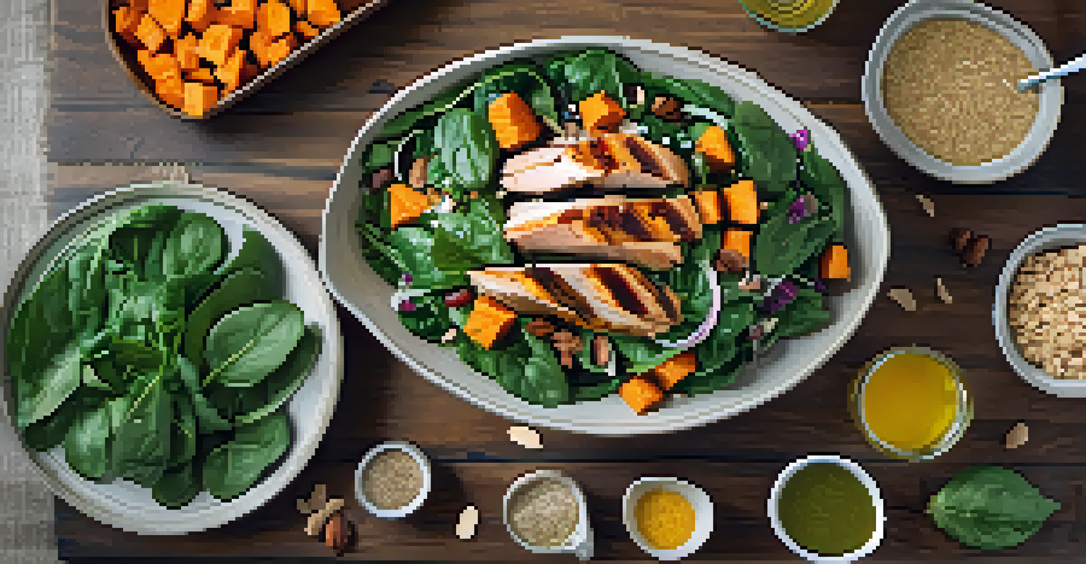 An overhead view of a colorful salad with spinach, sweet potatoes, and chicken, surrounded by healthy ingredients.