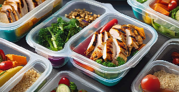 A colorful meal prep container filled with grilled chicken, quinoa, and vibrant vegetables in a softly blurred background.