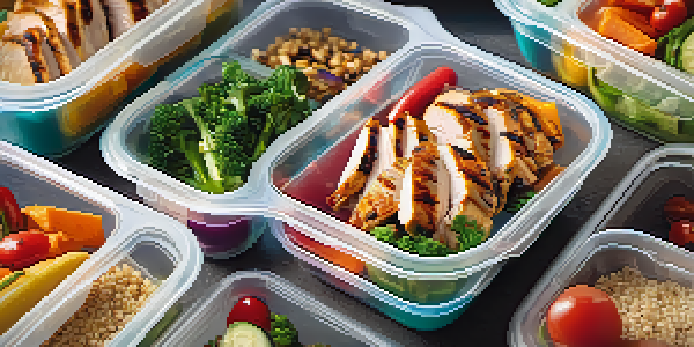 A colorful meal prep container filled with grilled chicken, quinoa, and vibrant vegetables in a softly blurred background.