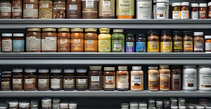 A detailed view of a supplement shelf with colorful protein powders and vitamins, illuminated by soft natural light.