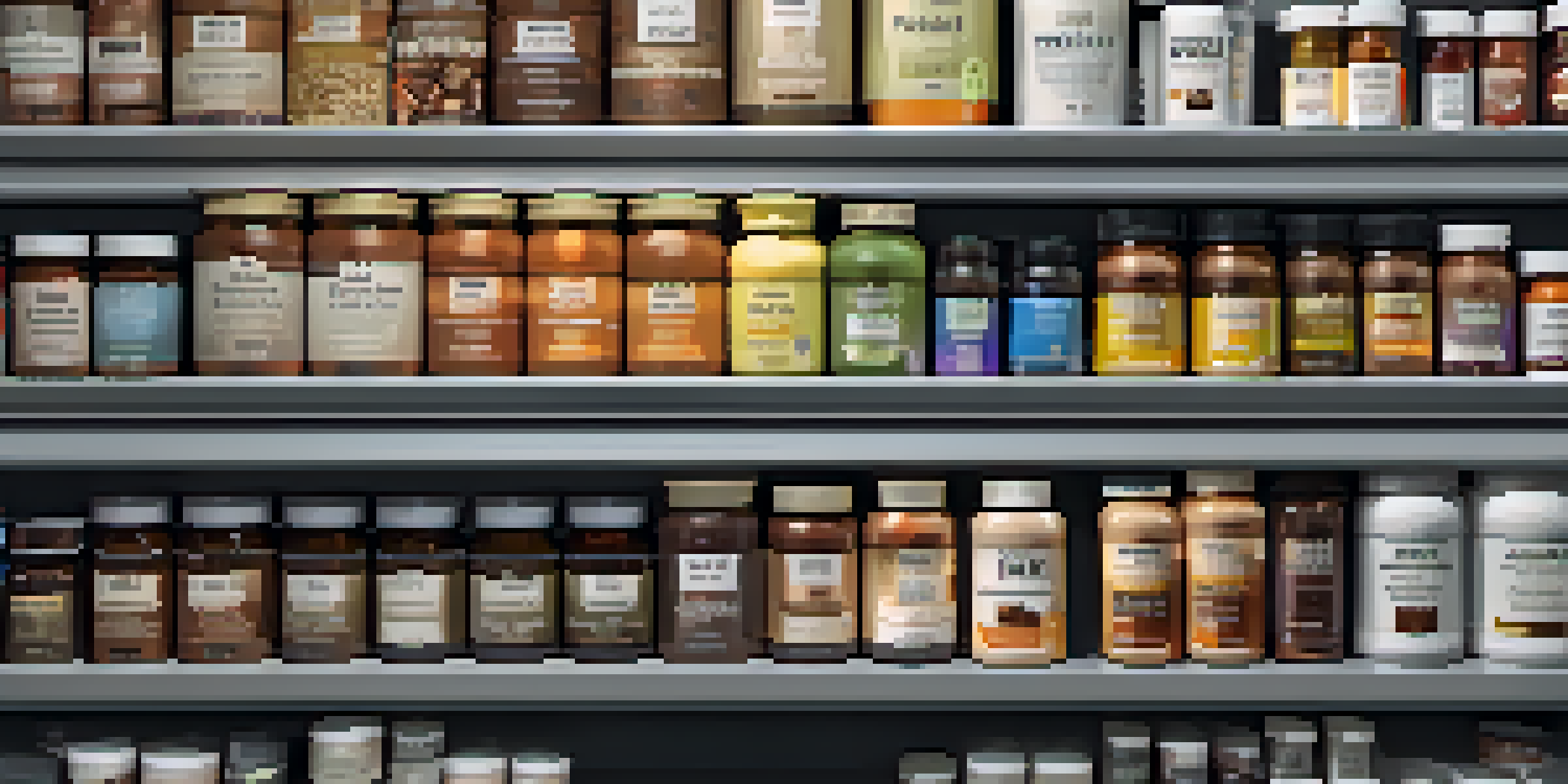 A detailed view of a supplement shelf with colorful protein powders and vitamins, illuminated by soft natural light.
