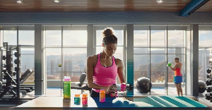 A person in a gym mixing a bright BCAA supplement powder into a shaker, with gym equipment and sunlight in the background.