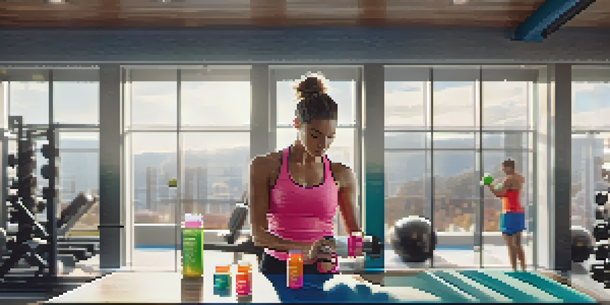 A person in a gym mixing a bright BCAA supplement powder into a shaker, with gym equipment and sunlight in the background.