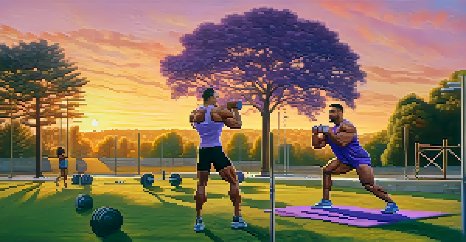 A bodybuilder lifting weights in a park at sunset, with a colorful sky and natural surroundings.