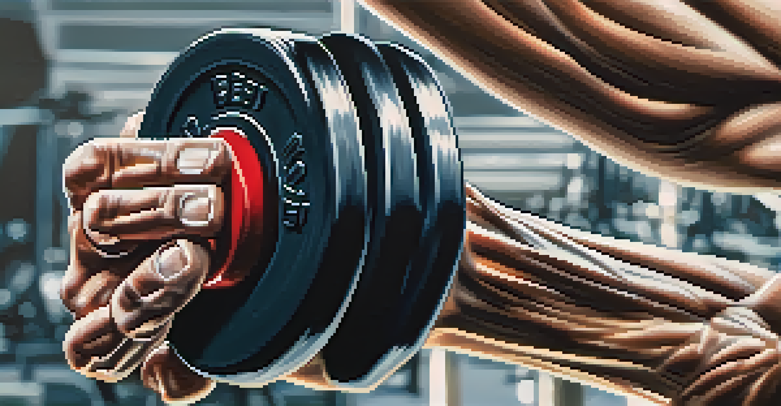 A close-up of a strong hand holding a dumbbell, showcasing muscle definition and intricate textures in the lighting.