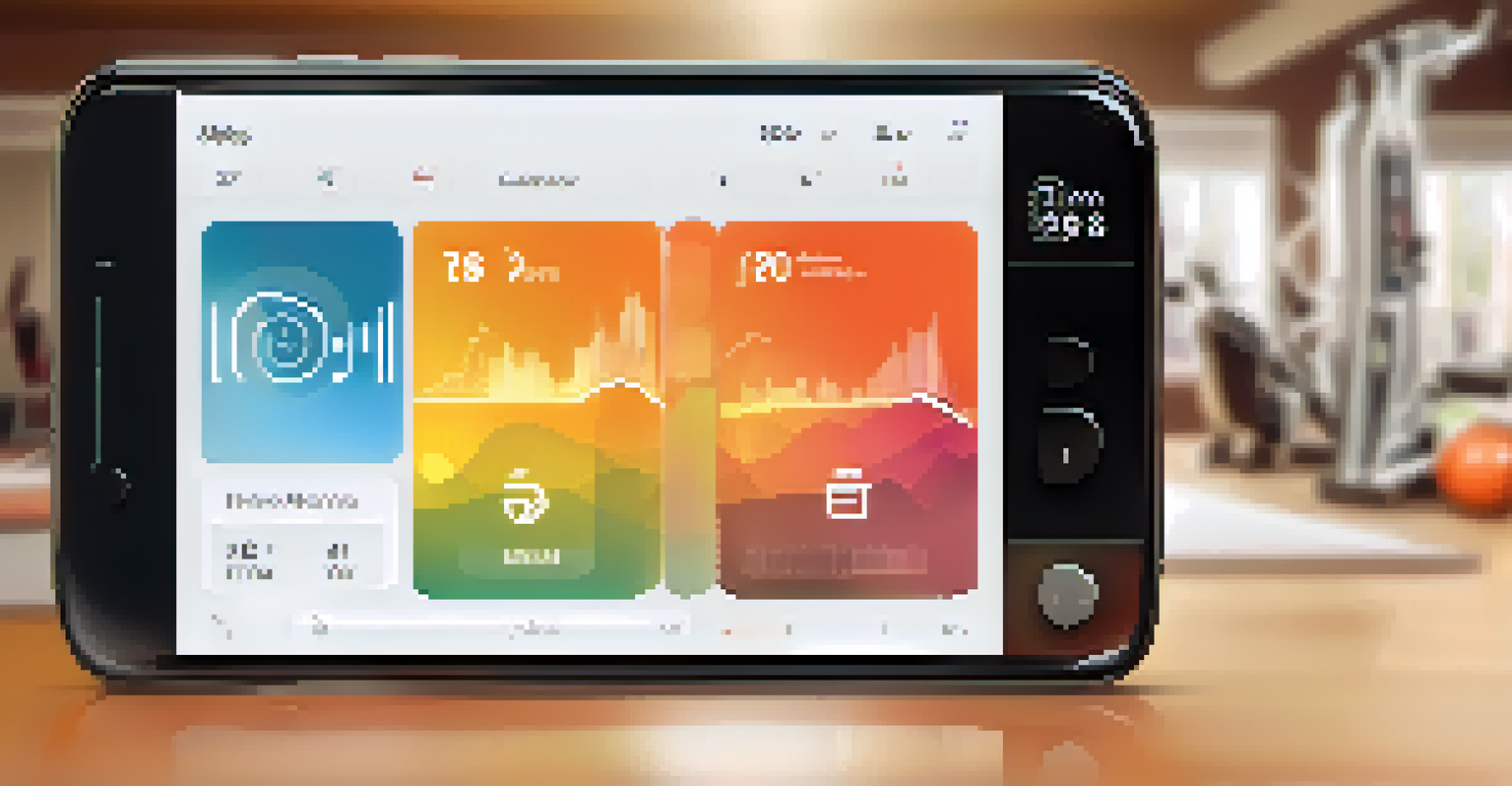 A close-up of a smartphone with a fitness app, set against a blurred image of a person exercising in a home gym.