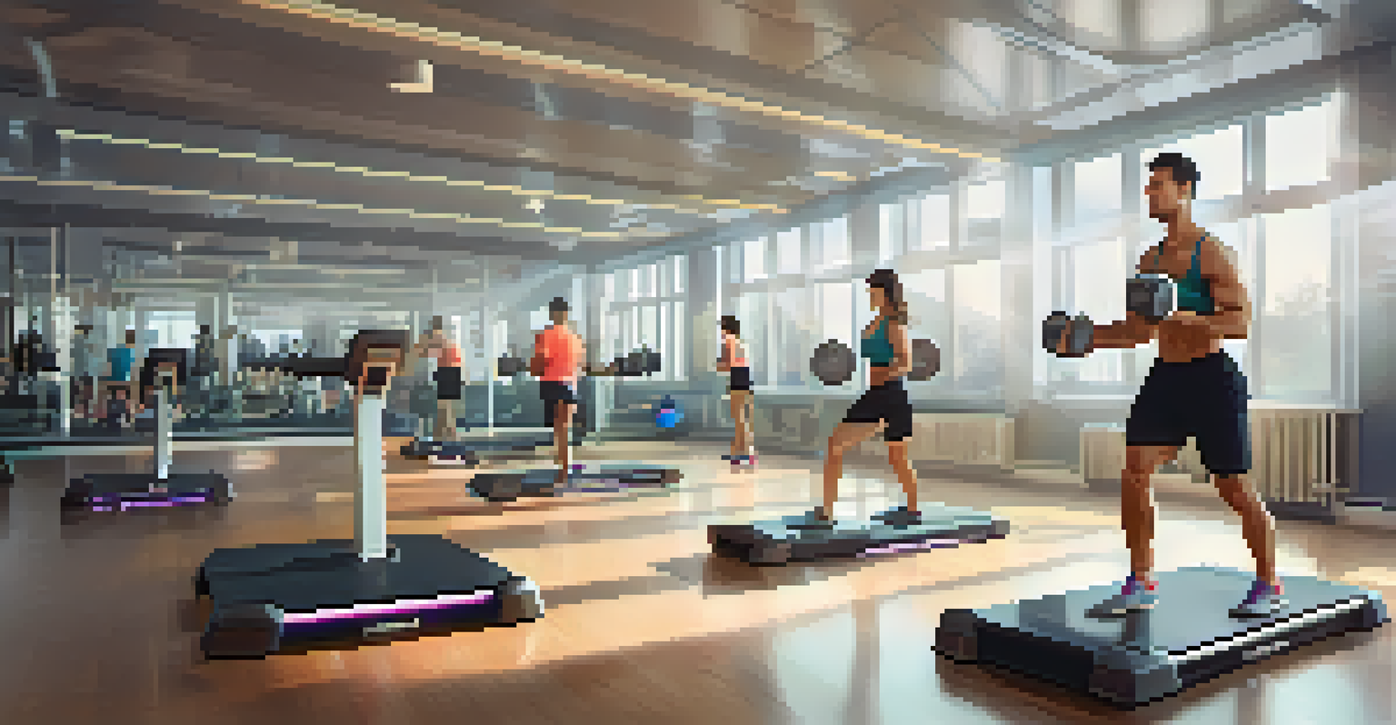 An athlete using smart dumbbells in a spacious gym, focusing on their form with a vibrant fitness environment around them.