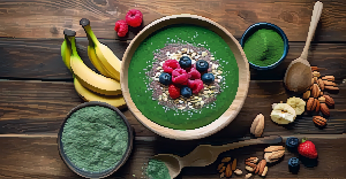 A colorful smoothie bowl filled with spirulina, topped with bananas, berries, nuts, and seeds, displayed on a wooden table under natural light.