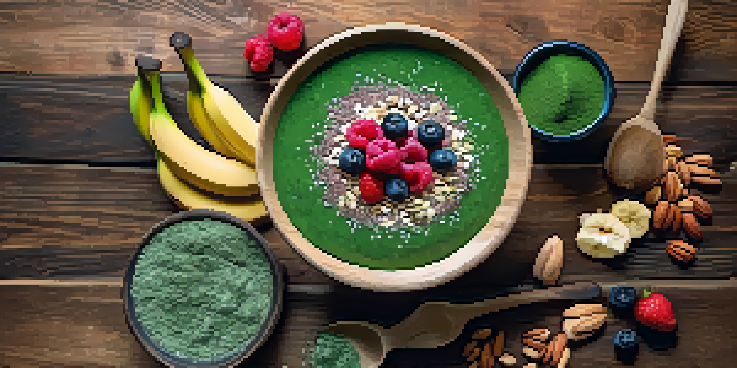 A colorful smoothie bowl filled with spirulina, topped with bananas, berries, nuts, and seeds, displayed on a wooden table under natural light.