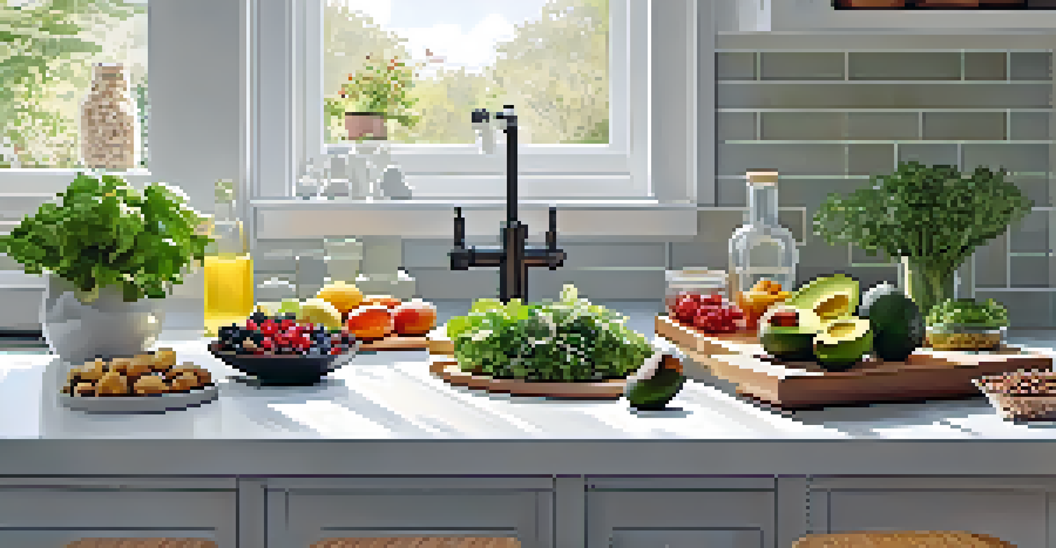 A kitchen countertop displaying healthy foods like avocados, nuts, and berries, alongside a glass of water, in a bright kitchen.