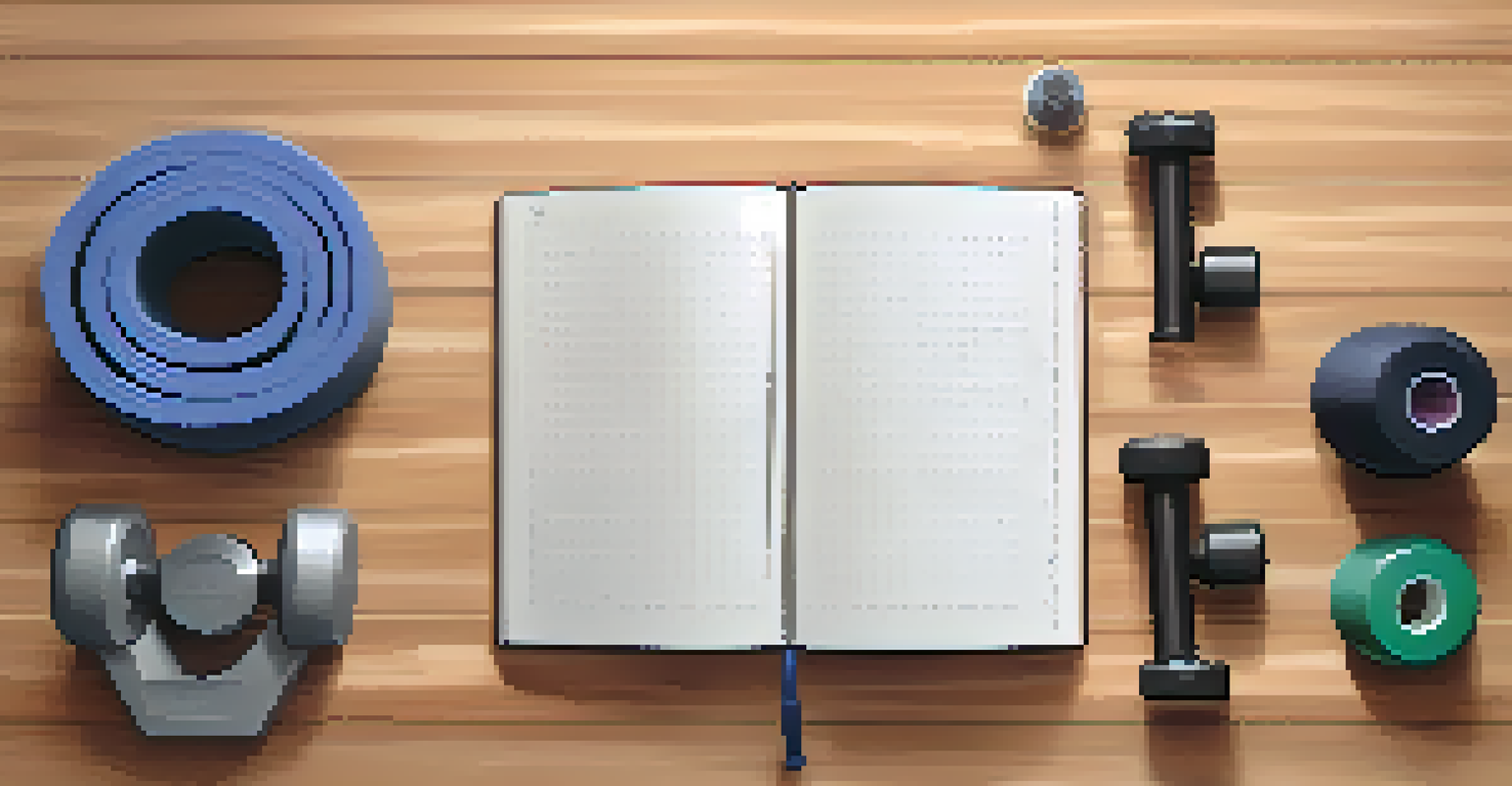 An organized workout space with a yoga mat, weights, and a journal, creating a calm atmosphere for mindful breathing.