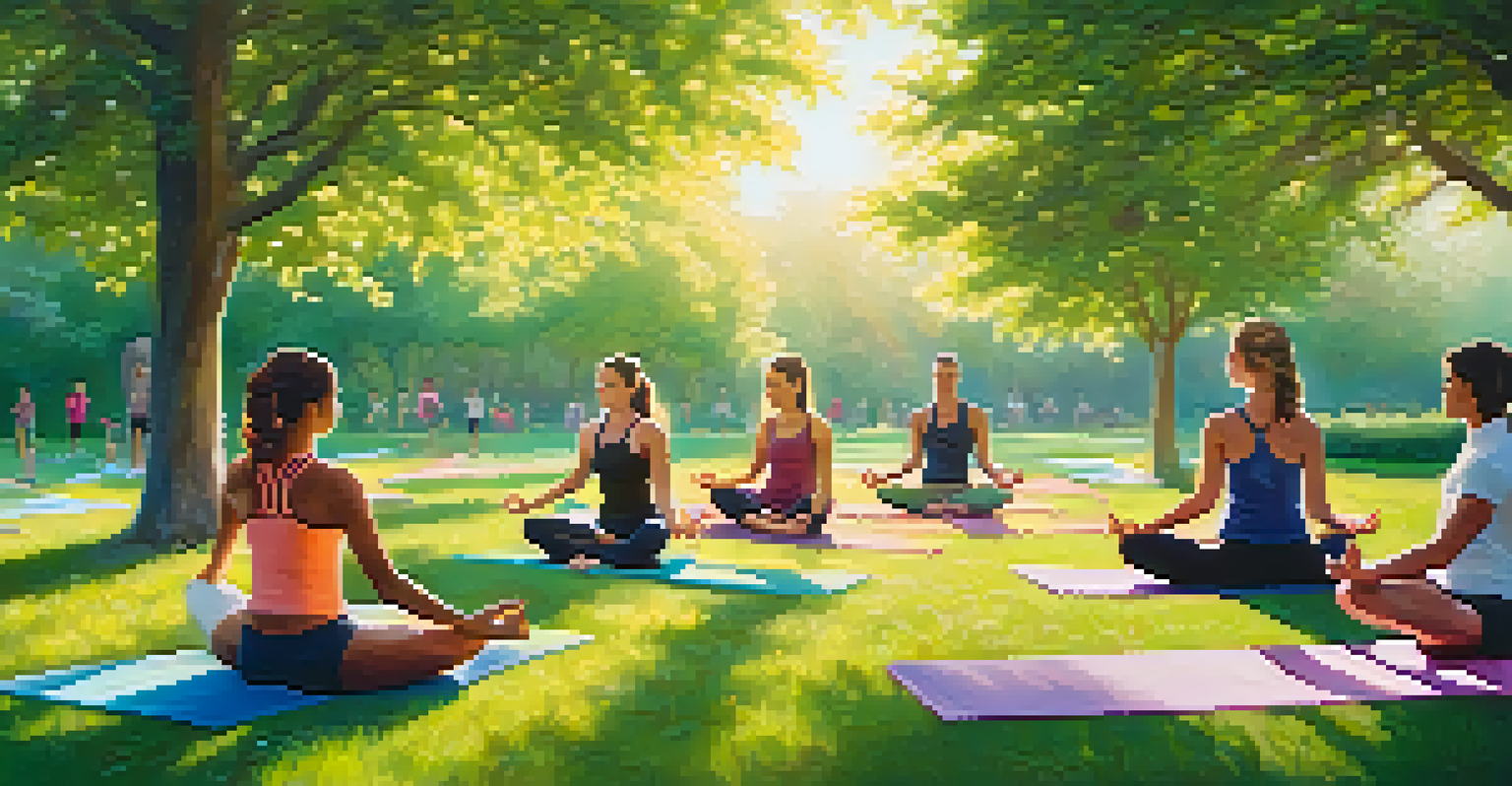 A diverse group of endurance athletes practicing yoga in a green park at sunrise, surrounded by blooming flowers.