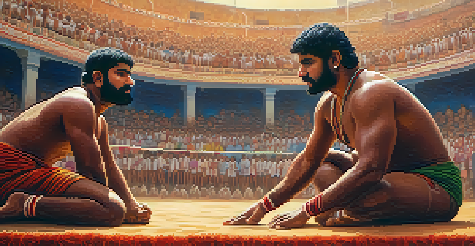 Two traditional Indian wrestlers in colorful attire, wrestling on a clay surface with spectators in a decorated indoor setting.
