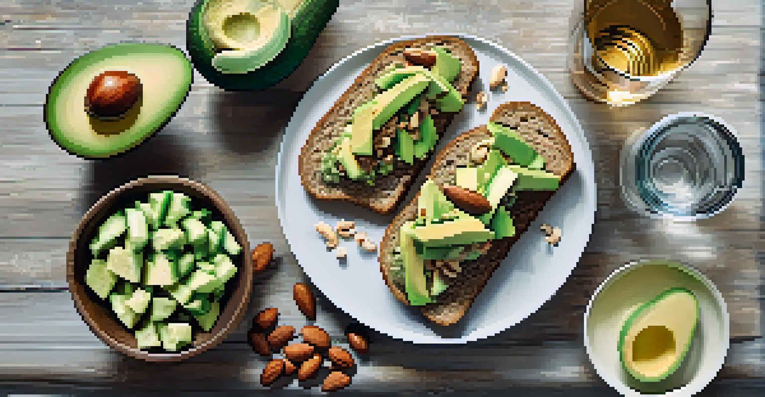 A selection of healthy recovery snacks featuring nuts, avocado toast, and a glass of water with cucumber, set on a rustic kitchen table.