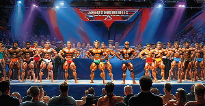 A vibrant bodybuilding competition stage with athletes showcasing their physiques, illuminated by colorful lights and an engaged audience.