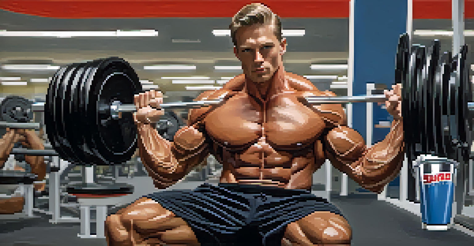 A bodybuilder lifting weights in a gym, with a shaker bottle of protein powder and a tub of creatine in the foreground.