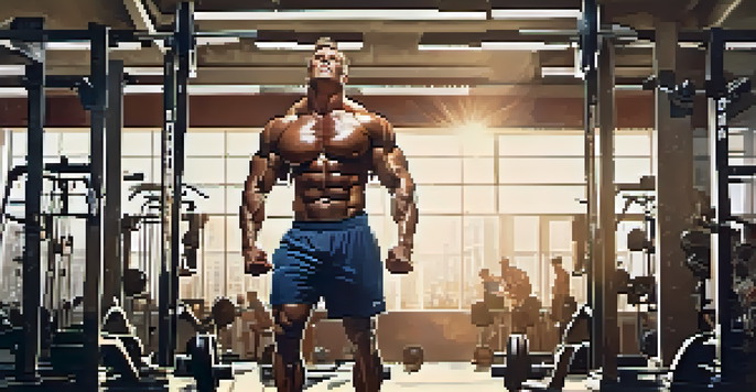 A bodybuilder with defined muscles working out in a bright gym, with sunlight streaming through windows and gym equipment in the background.