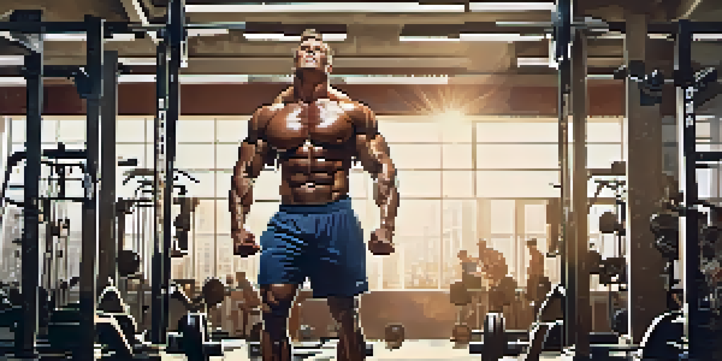 A bodybuilder with defined muscles working out in a bright gym, with sunlight streaming through windows and gym equipment in the background.