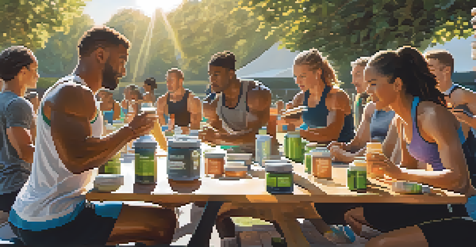 A group of athletes working out outdoors with a table of pre-workout supplements displayed in the foreground.