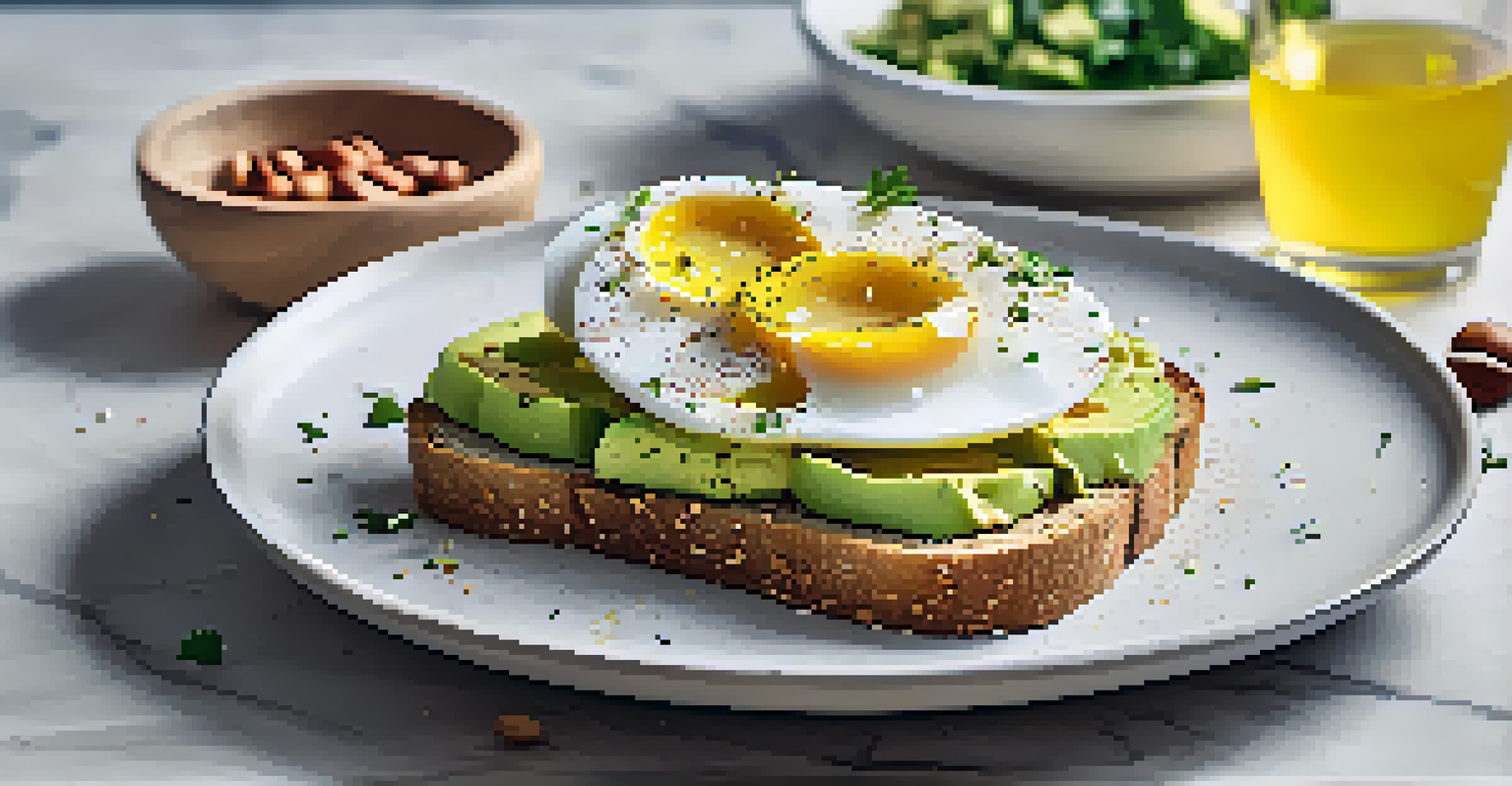 Whole-grain toast with avocado and hard-boiled egg on a marble countertop, with herbs and nuts in the background.