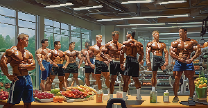 A diverse group of bodybuilders training in a gym with natural lighting, showcasing their muscles and a nutrition bar filled with colorful health foods in the background.