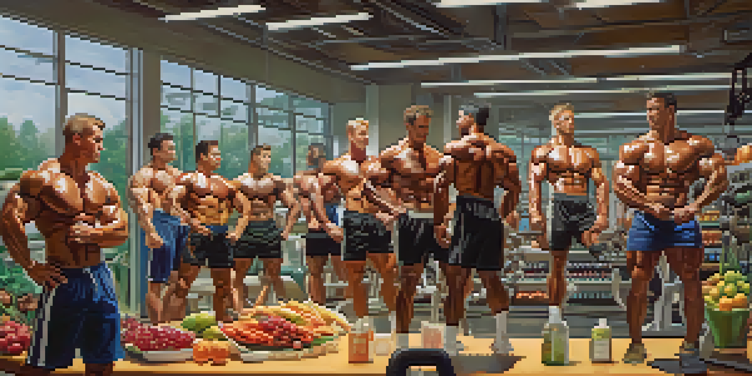 A diverse group of bodybuilders training in a gym with natural lighting, showcasing their muscles and a nutrition bar filled with colorful health foods in the background.