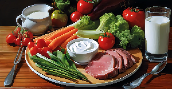 A colorful plate showcasing red meat, dairy yogurt, and fresh vegetables, emphasizing healthy eating.