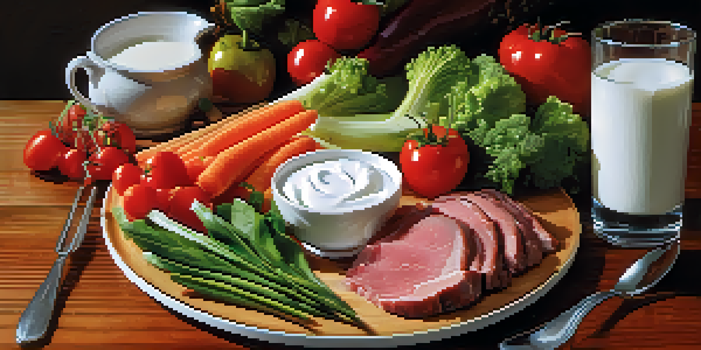 A colorful plate showcasing red meat, dairy yogurt, and fresh vegetables, emphasizing healthy eating.