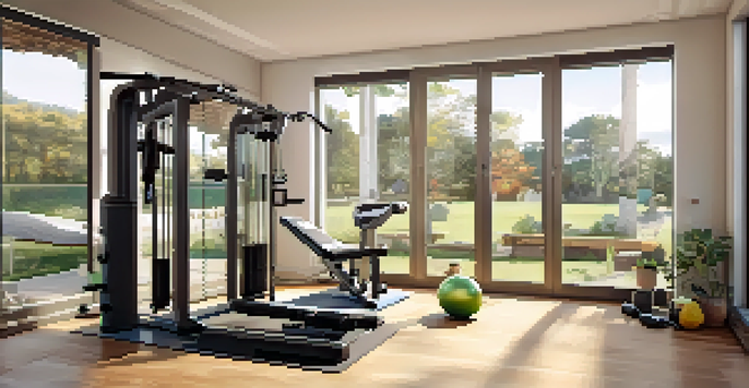 A bright home gym with various workout equipment and a bowl of protein-rich foods on a table.