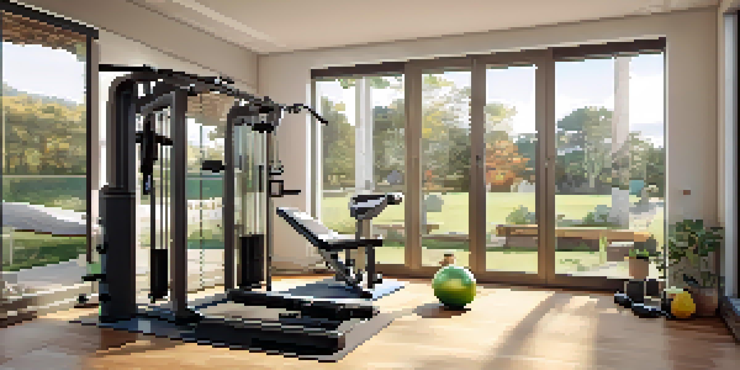 A bright home gym with various workout equipment and a bowl of protein-rich foods on a table.