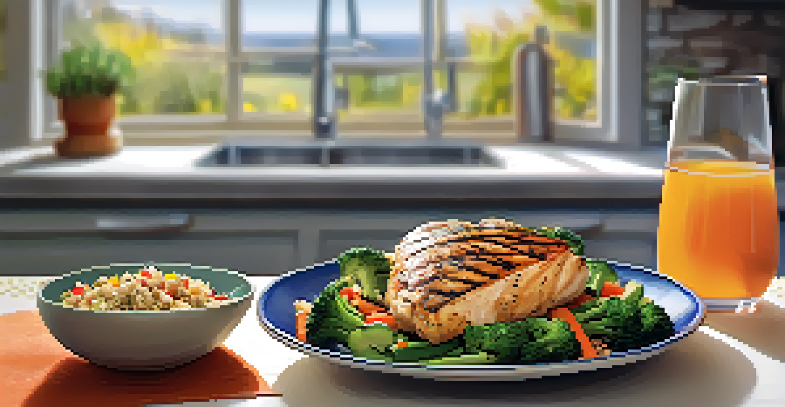 A healthy meal with grilled chicken, quinoa, and vegetables on a plate in a bright kitchen.