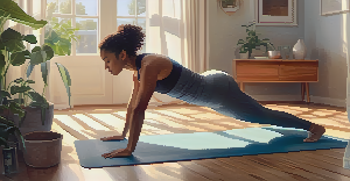 A person doing push-ups on a yoga mat in a bright and airy living room filled with plants.