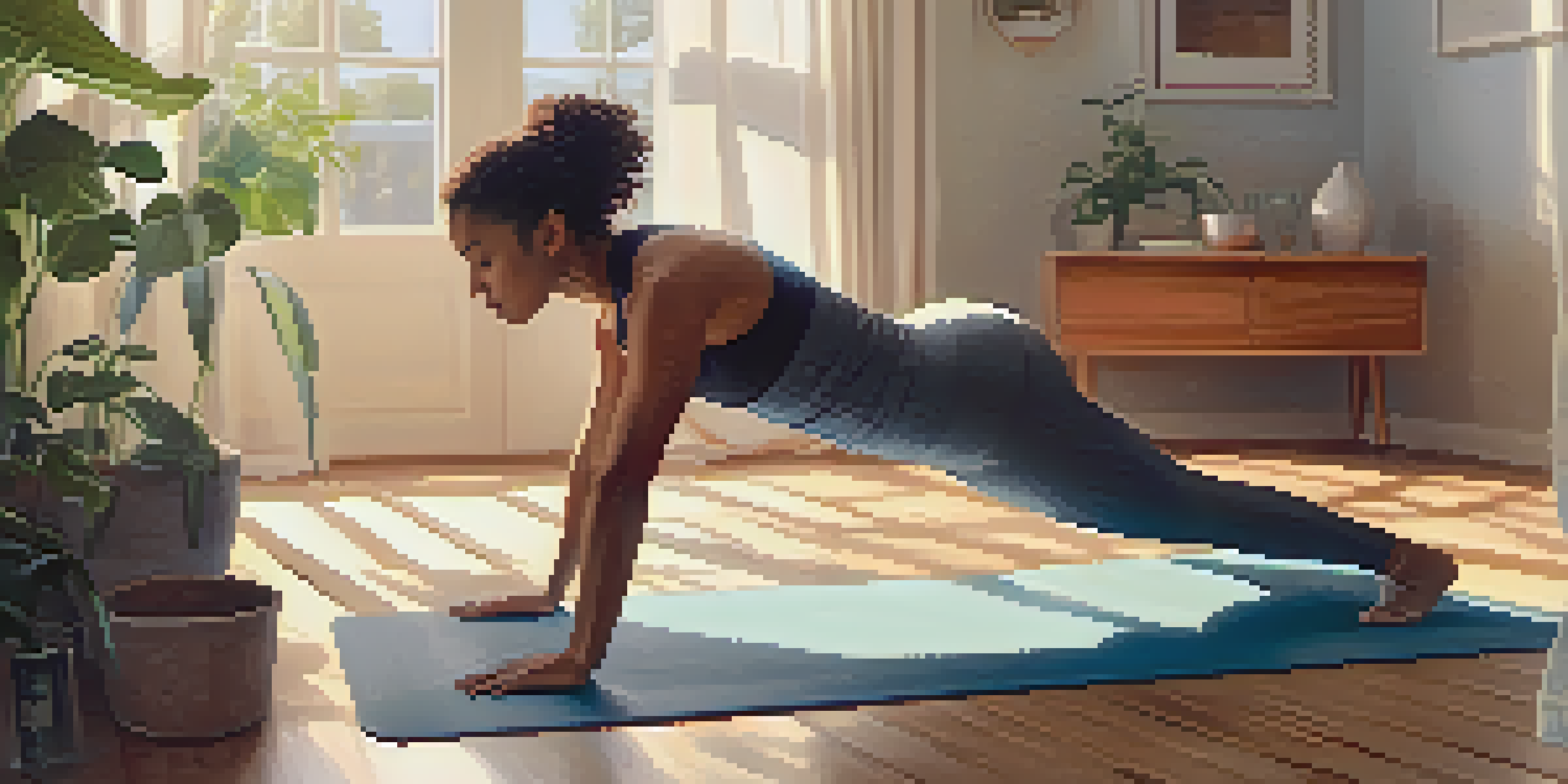 A person doing push-ups on a yoga mat in a bright and airy living room filled with plants.