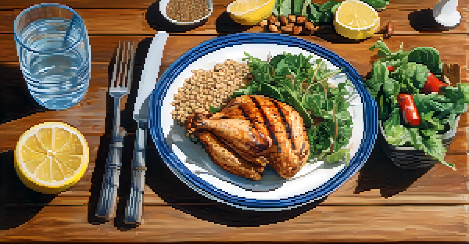 A healthy meal spread on a wooden table showcasing high-protein foods, colorful vegetables, and a glass of water with lemon.