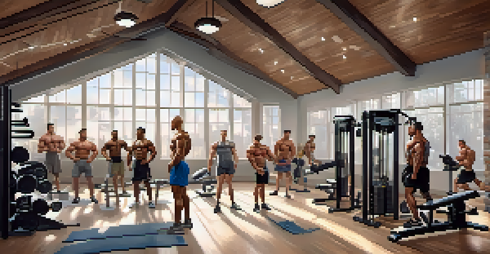 A diverse group of bodybuilders in a gym, one using genetic testing equipment, with warm lighting and inspirational quotes on the walls.