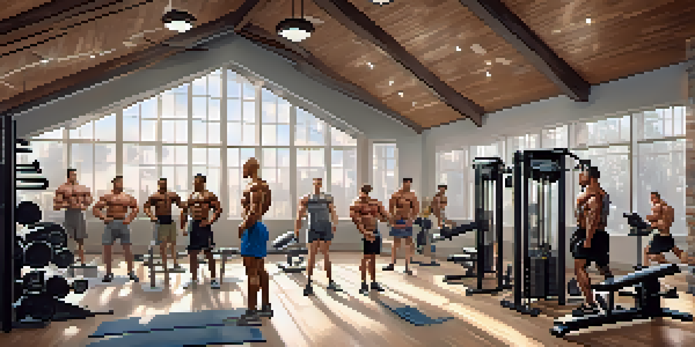 A diverse group of bodybuilders in a gym, one using genetic testing equipment, with warm lighting and inspirational quotes on the walls.