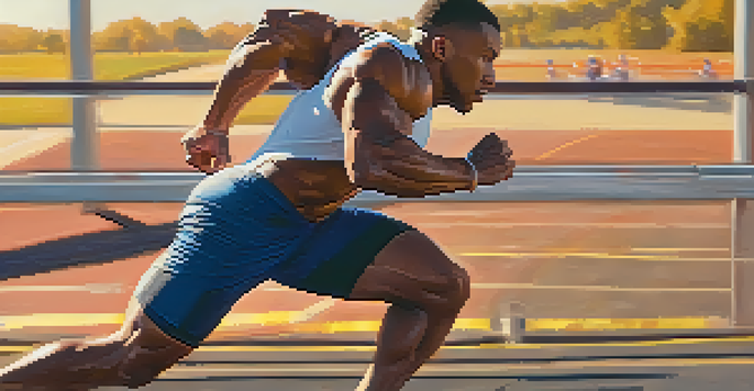 A bodybuilder sprinting outdoors during a HIIT workout, with a stopwatch in the foreground and warm sunlight casting shadows.