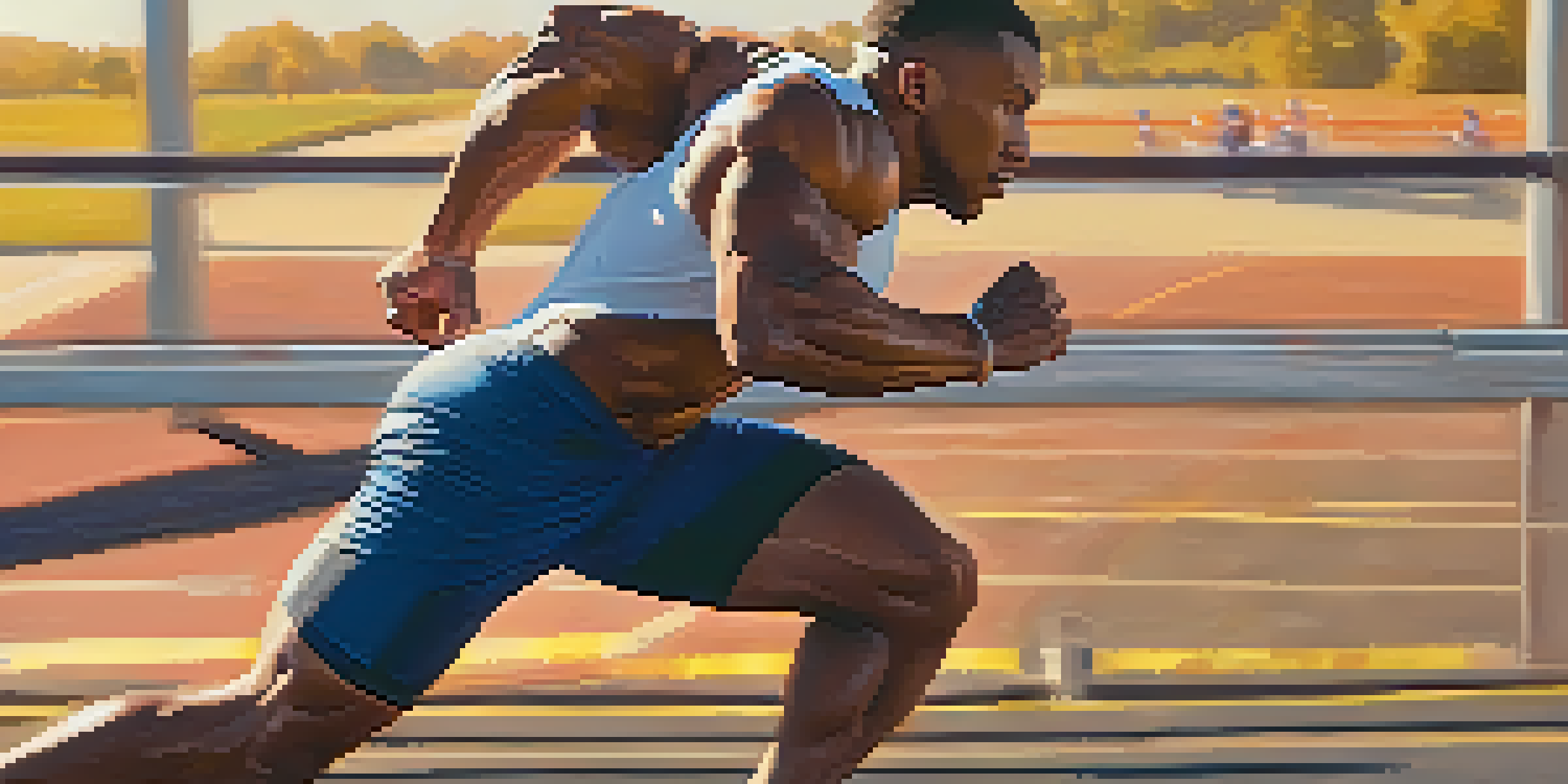 A bodybuilder sprinting outdoors during a HIIT workout, with a stopwatch in the foreground and warm sunlight casting shadows.