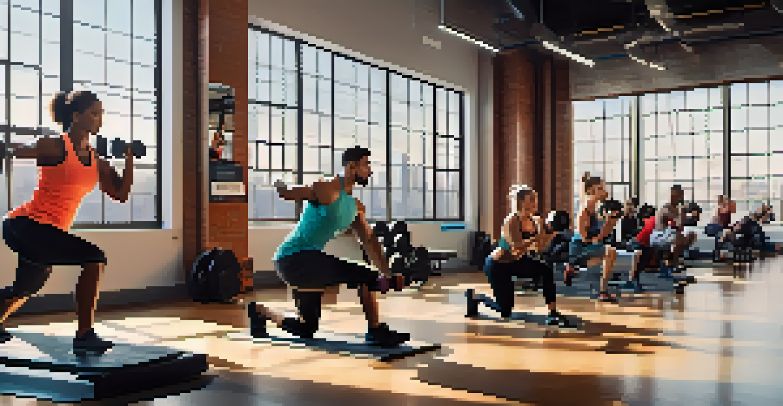 A vibrant gym scene showing diverse individuals strength training with various equipment in a bright, energetic environment.