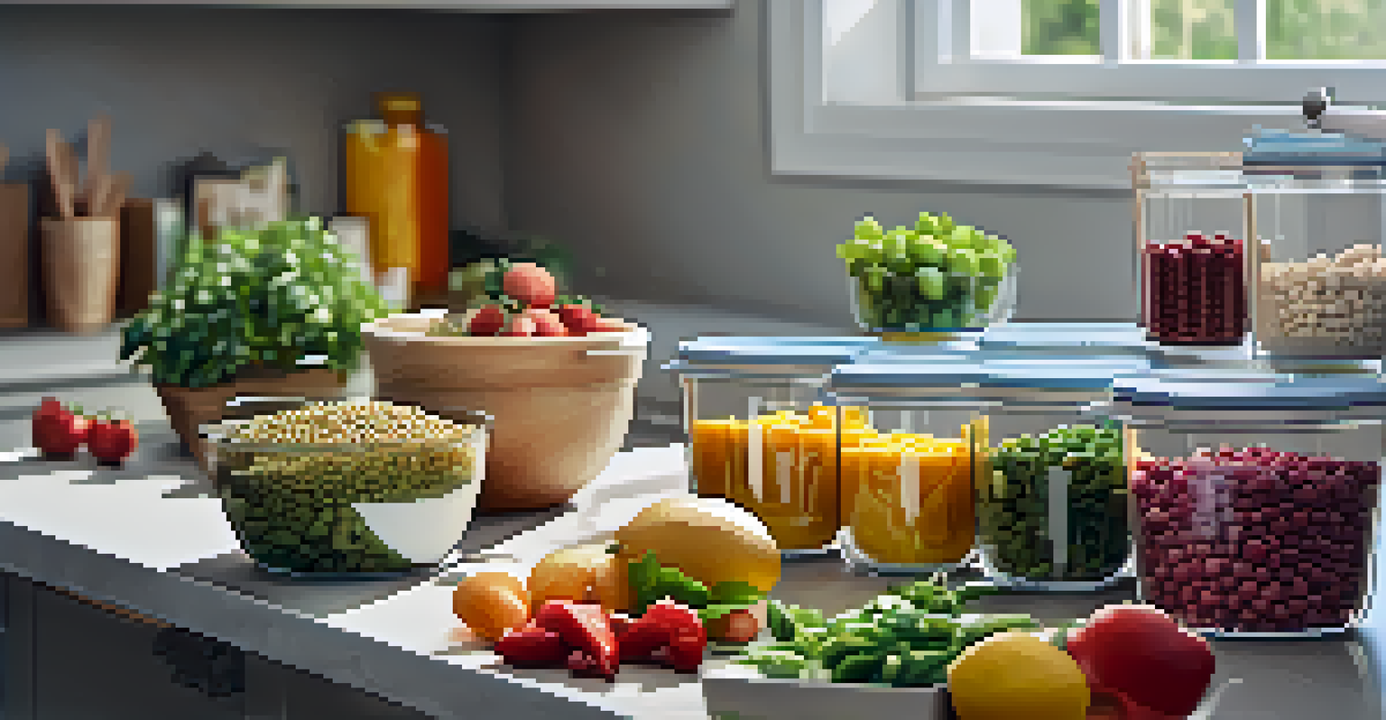 A meal prep station with colorful ingredients and a tablet showing an AI meal plan.
