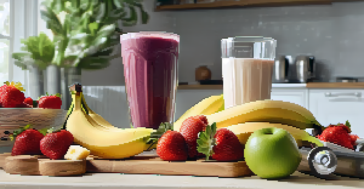 A close-up of a protein shake being poured with fruits and a dumbbell in the background.