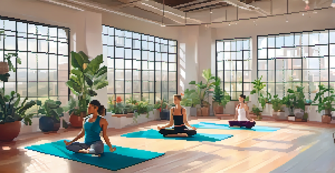 A fitness studio with people doing yoga in a well-lit space, surrounded by plants.